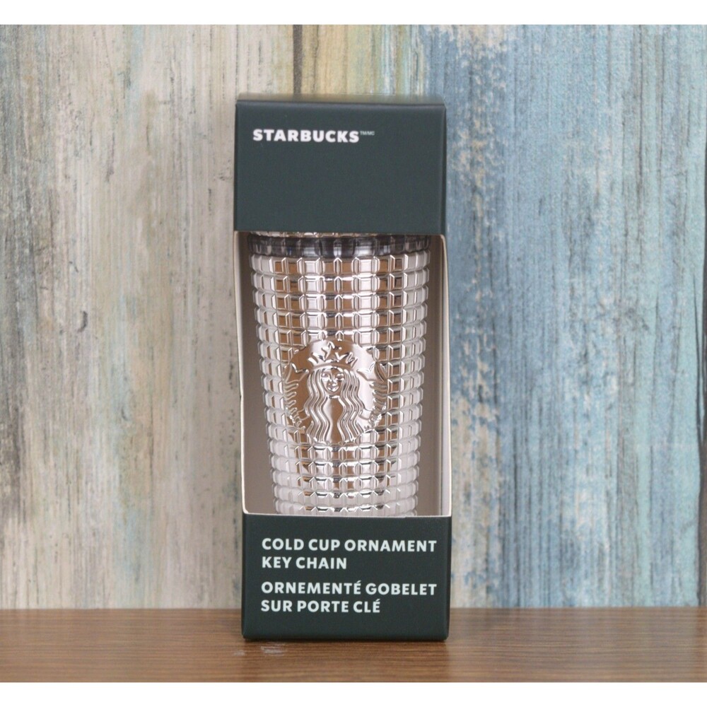 Starbucks Platinum Silver Grid Cold Cup Ornament Keychain Studded Tumbler Mini
